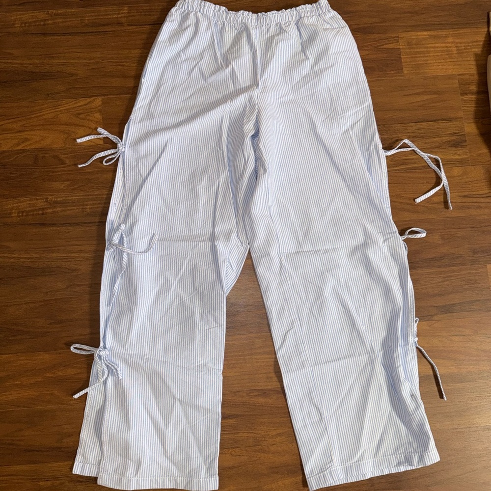 Striped White and Blue Pants with Side Ties